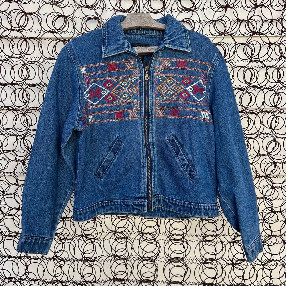 Agapo Denim Southwest Embroidered Blue Denim Jean Jacket P/L Zipper Front